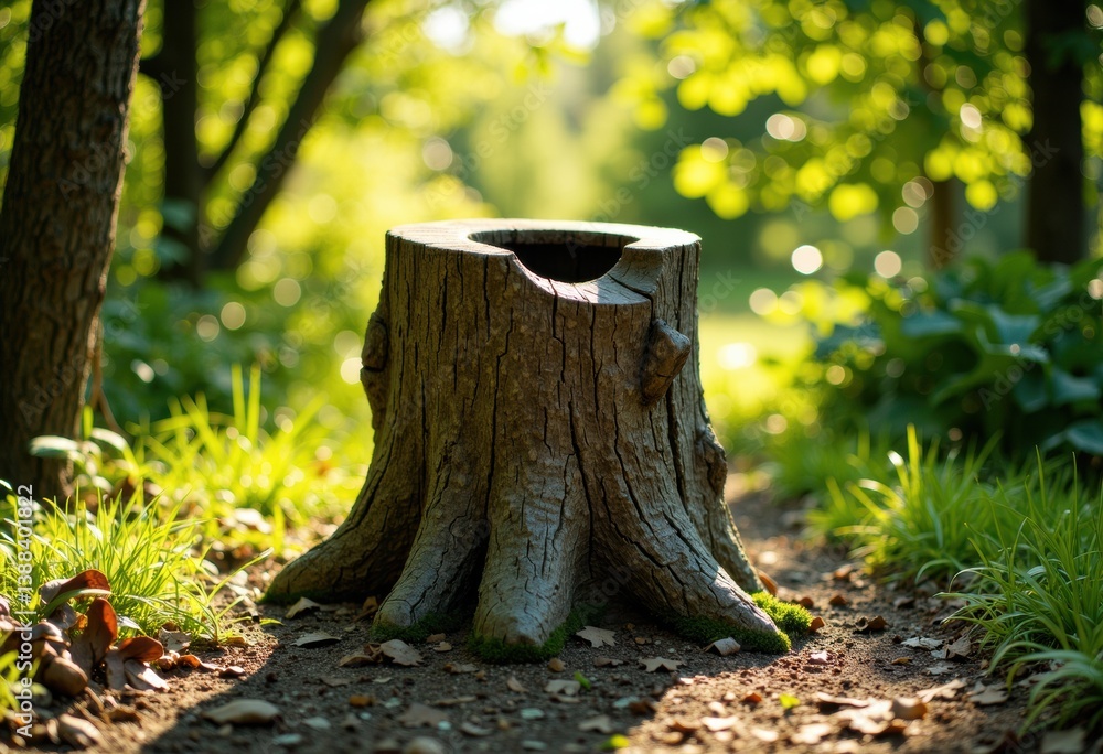Poster a rustic tree stump surrounded by lush greenery in a serene forest setting