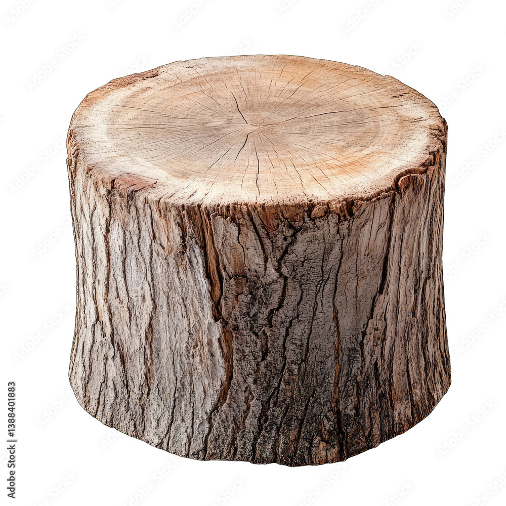 Poster a wooden tree stump with a smooth top surface and textured sides showcasing natural wood grain patte