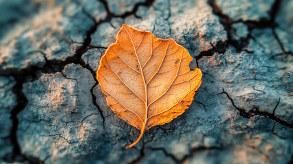Autumn leaf resting on cracked earth. A symbol of resilience and adaptation in the face of environmental challenges.