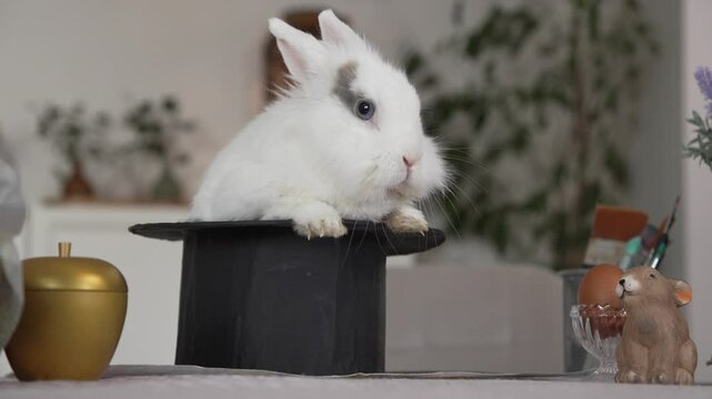 White fluffy bunny sitting in magic hat easter and holiday decoration concept
