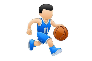 Fototapeta premium A cartoon basketball player in blue uniform dribbles basketball, showcasing dynamic movement and athleticism. character wears jersey with number 11, emphasizing sports and teamwork