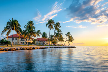 Naklejka premium Paradise Coastal Retreat: Serene coastal retreat nestled amongst lush palm trees, the golden sun casting a warm glow over the calm ocean waters, promising a peaceful getaway.