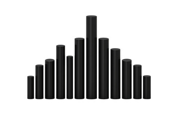 A 3D bar graph with varying heights represents data distribution, showcasing central peak and symmetrical bars on either side, illustrating bell curve