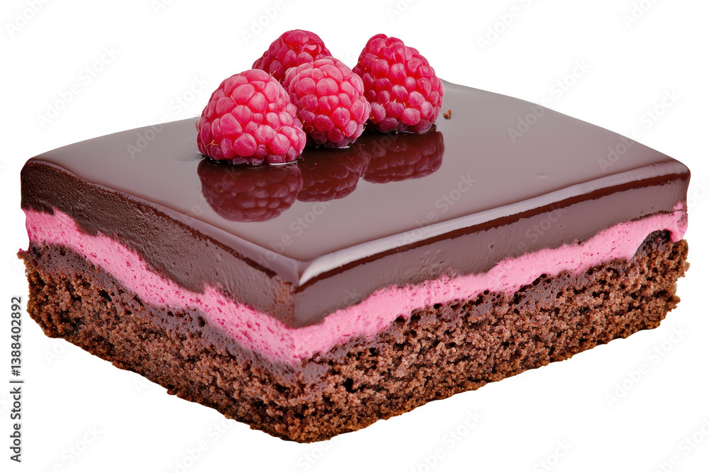 Poster a delicious chocolate raspberry cake slice with glossy chocolate glaze, topped with fresh raspberrie