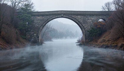 Fototapeta premium Serene stone archway over misty river at dawn, tranquil beauty