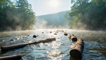 Misty river with floating logs in morning light, serene nature moment