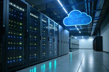 Futuristic server room displays modern digital tech. Cloud tech icon glows in data center. Modern tech equipment. Hybrid cloud network. Serverless architecture. Advanced computer system. Powerful