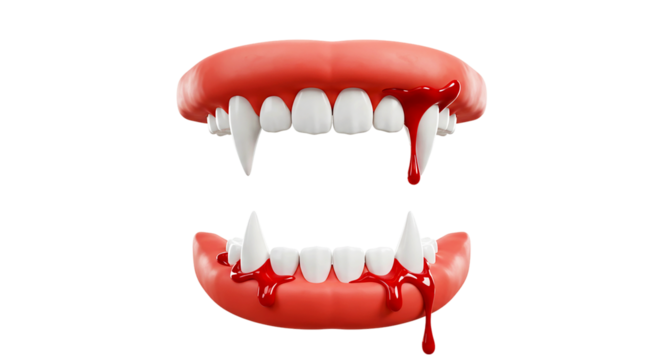 A vampire's mouth with sharp teeth and blood dripping down on a black isolated background image render and clean png