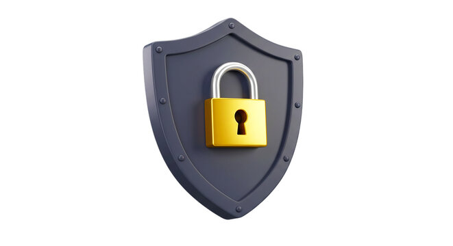 A shield with a golden padlock representing security on a black background for data protection concept and clean png
