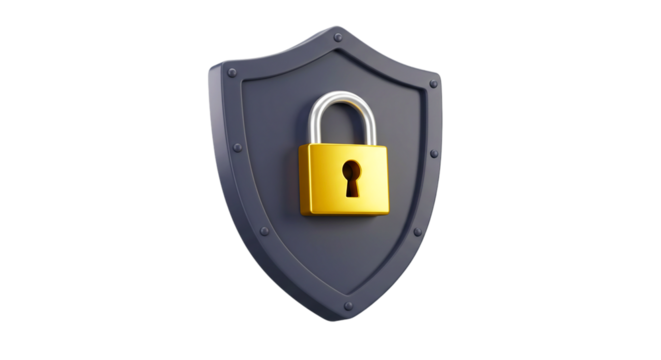 A shield with a golden padlock representing security on a black background for data protection concept and clean png - Powered by Adobe