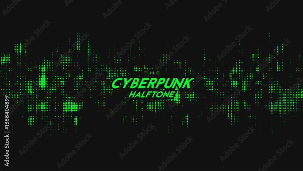 Poster abstract vector green cyberpunk halftone sound wave. scrathed dotted texture element.