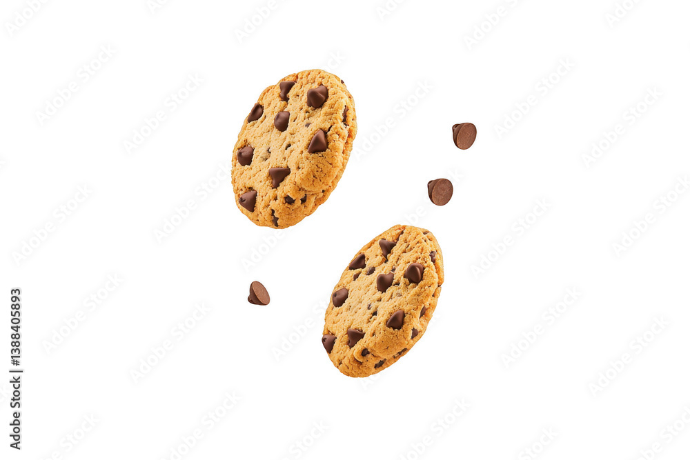 Poster a two delicious chocolate chip cookies with few scattered chocolate chips are floating against trans