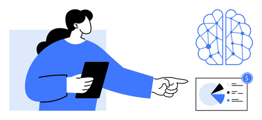Person with tablet pointing to neural network diagram and financial pie chart. Ideal for AI, innovation, finance, analysis, professional growth, digital transformation, flat simple metaphor