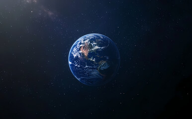 Fototapeta premium Earth in Space: A breathtaking view of planet Earth, suspended against the inky black canvas of space, showcasing its majestic blue and green hues, surrounded by twinkling stars.