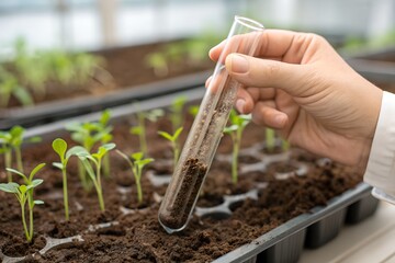 Person takes soil sample near small seedlings for soil test. Examining carbon sequestration, plant health with modern tech. Testing soil ph level with tube, nutrient content, texture. Sustainable