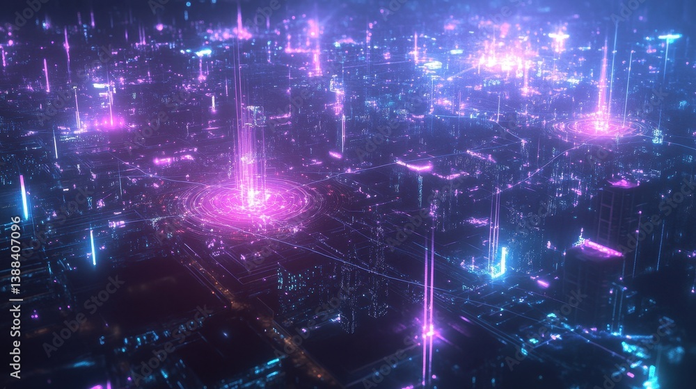 Aufkleber a glowing artificial intelligence network connecting various smart city elements like autonomous veh