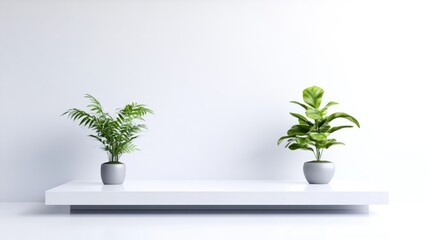 Two potted plants, a palm and a fiddle-leaf fig, sit on a clean white shelf against a white wall. The image is simple, minimalist, and bright, with high-quality resolution. The style is modern and se