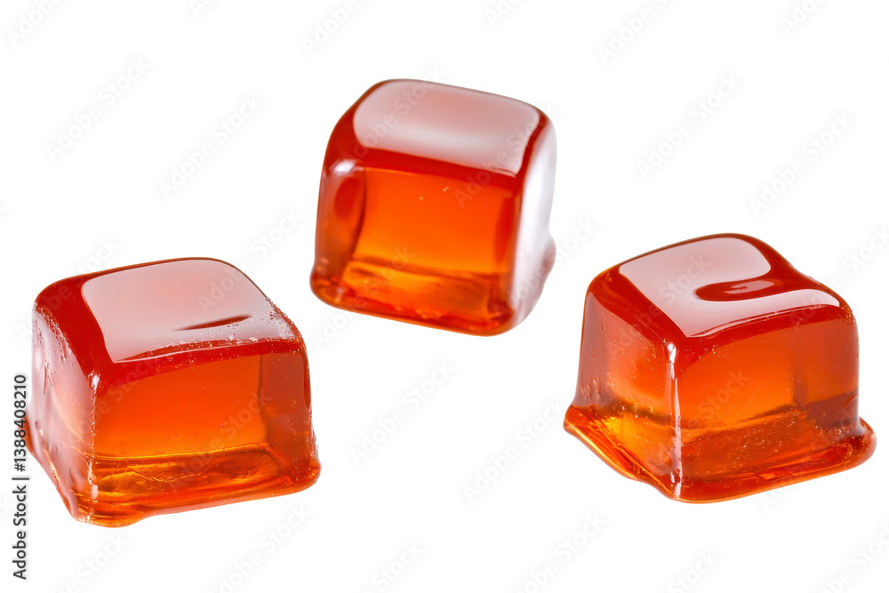 Poster a three translucent amber colored gelatin cubes are arranged on transparency background, showcasing 
