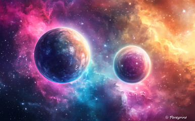 Cosmic Dance: Two planets swirling in a galaxy of brilliant, captivating nebulae, against a dark background. Evoking wonder and the vastness of the universe. 