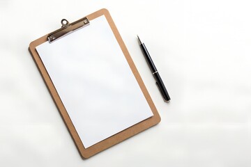 Clipboard with blank white paper sheet and pen laying on white background. Mockup template for message or plan. Office supply for survey or report. Note pad for to-do list, clip board for checklist.