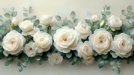 Obraz premium Delicate white garden roses arranged in horizontal composition with soft eucalyptus leaves creating romantic floral border on light background.