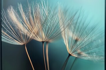 Delicate dandelion seeds against turquoise background, macro photography showing soft white seedheads with detailed structure and gentle natural lighting.