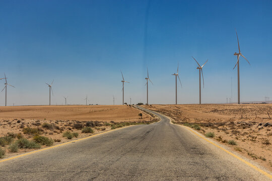 Fototapeta King's Highway and wind power plants near Shobak town, Jordan