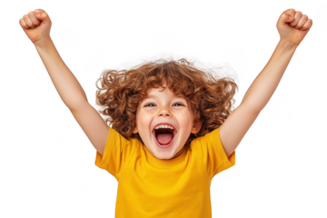 A joyful child with curly hair and yellow shirt raises their arms in excitement, expressing happiness and enthusiasm. background is plain, highlighting child cheerful expression
