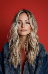 Fototapeta premium Young woman with long wavy blonde hair wearing denim jacket poses against red background. Natural makeup and confident expression create modern fashion portrait.
