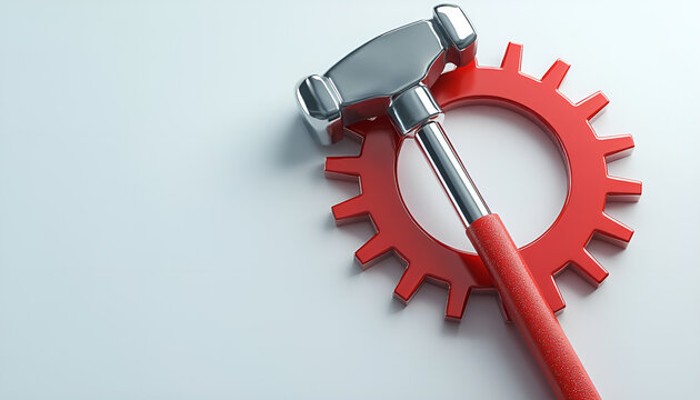 Symbol of International Workers Day with red hammer and gear on white background. Concept of labor movement, industrial work, socialism, engineering, and worker solidarity. Copy space