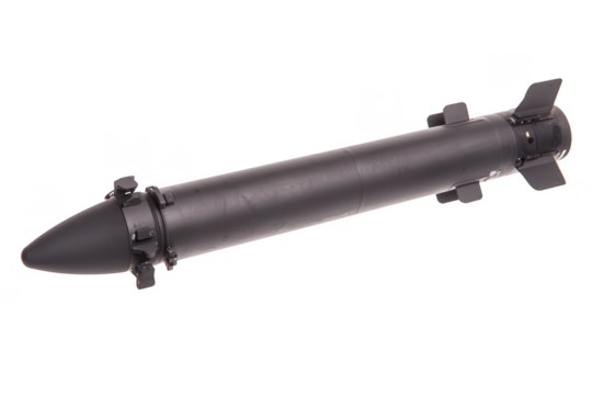 A sleek, black missile with aerodynamic fins and pointed nose cone, designed for precision and speed, isolated on transparency background