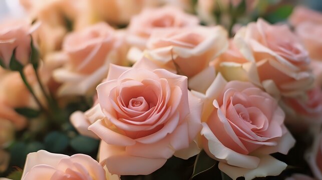 Delicate pink roses in full bloom with soft petals and natural lighting create romantic floral composition for wedding designs, greeting cards and feminine projects.