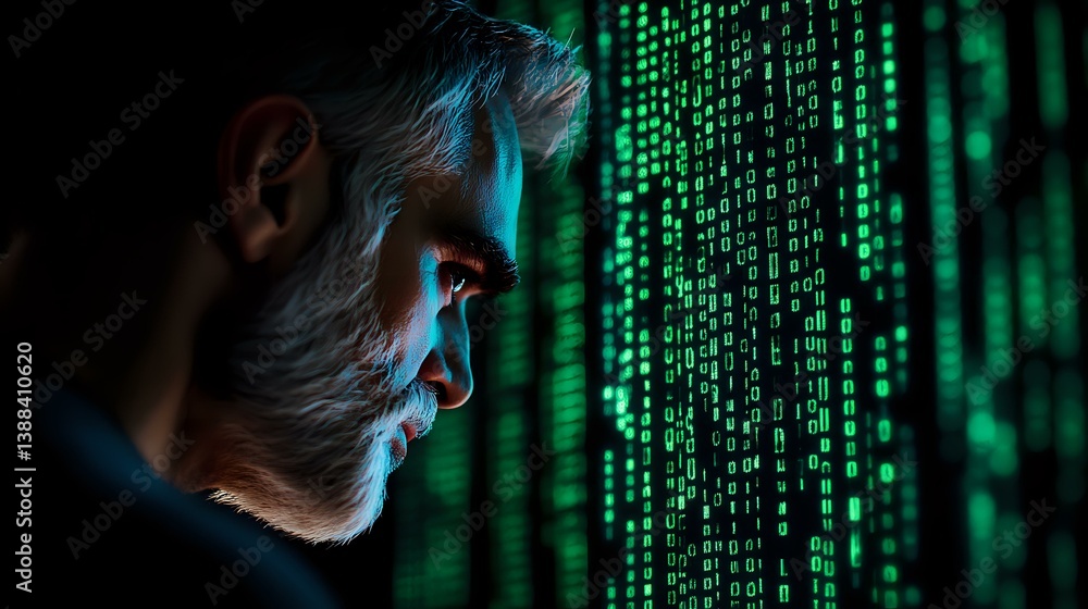 Poster mature caucasian programmer analyzing digital code matrix in dark room with green binary data stream
