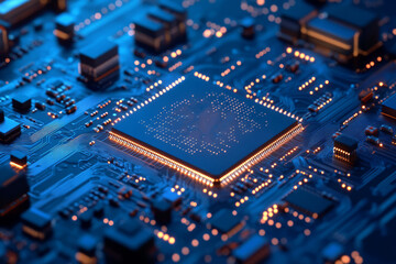 Fototapeta premium AI chip on vibrant blue circuit board with glowing details. AI generated