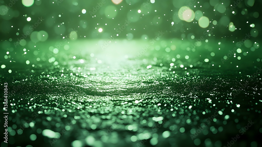 Poster magical green glowing bokeh background with sparkles and light particles floating in dark space, cre