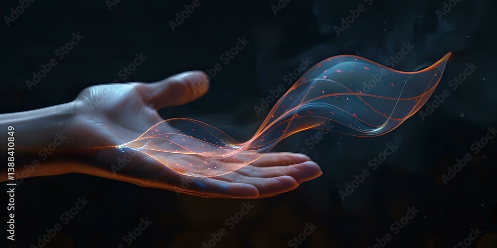 Poster glowing energy waves float above an open palm against dark background, creating mystical ethereal ef