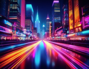 Fototapeta premium rows of colorful neon lights in a busy cityscape at night blurring slightly to create a vibrant bustling ambiance
