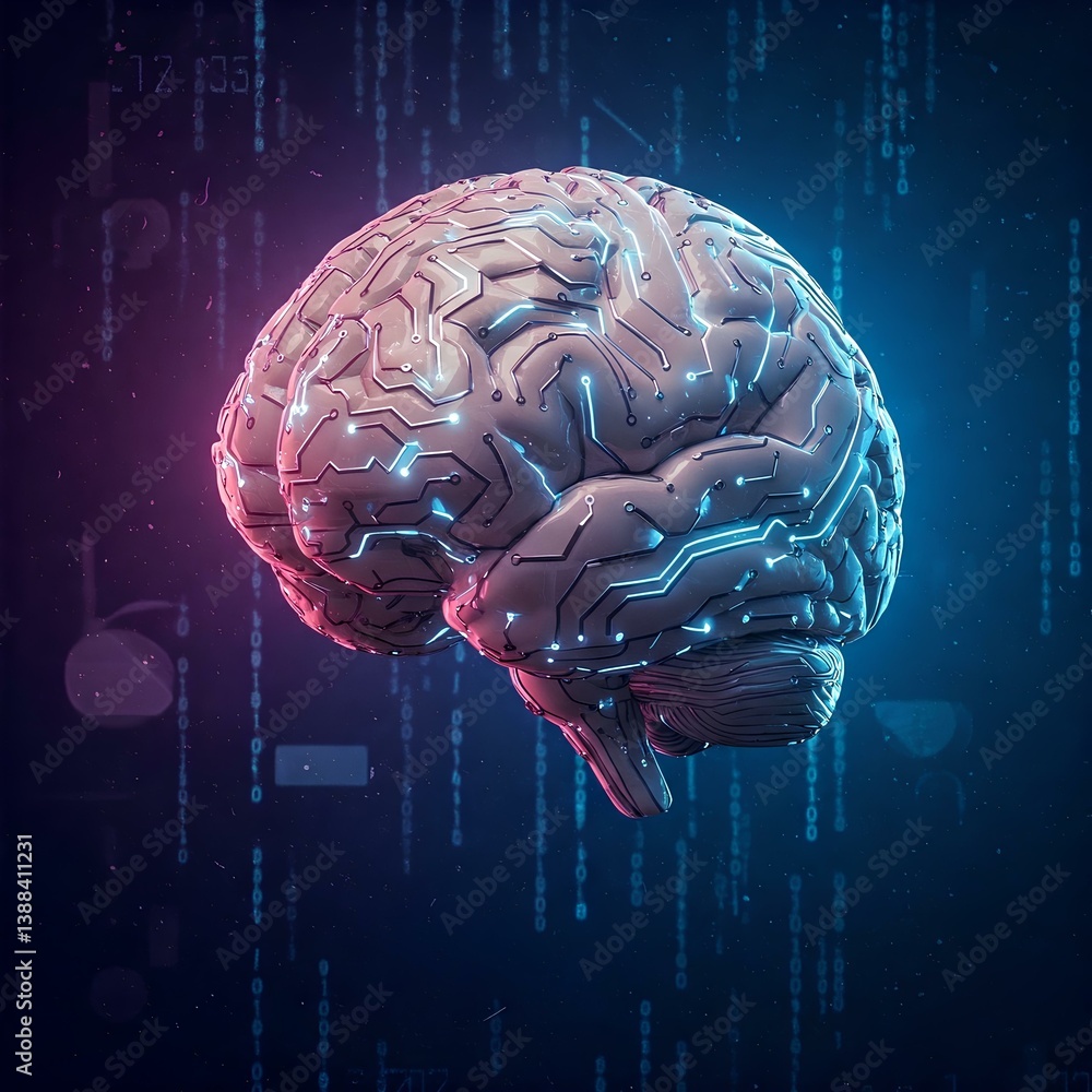 Poster futuristic brain artificial intelligence technology neural network circuitry digital mind