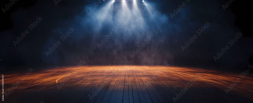 Poster spotlight on stage: dramatic rays of light illuminate an empty stage, creating a captivating atmosph