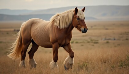 Obraz premium A strong horse walks through golden grasslands.