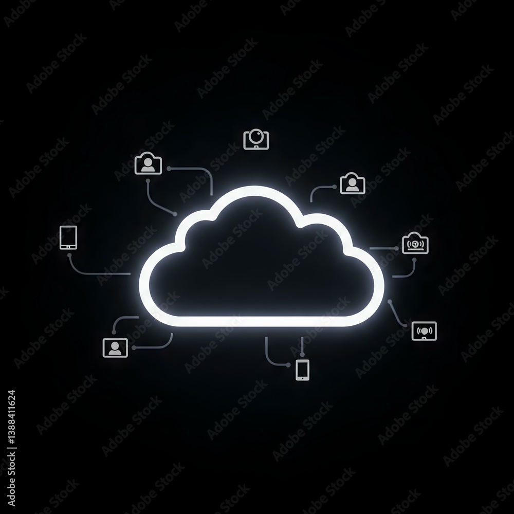 Poster glowing cloud computing network illustration devices data storage