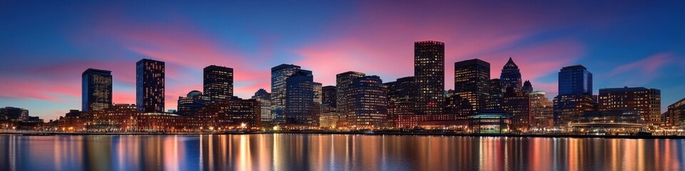Fototapeta premium A vibrant cityscape at dusk with the skyline illuminated, with room above the buildings for adding text or branding. --ar 4:1 --v 6.1 Job ID: 3967ccb6-ecf1-431a-979b-2958c5be0190