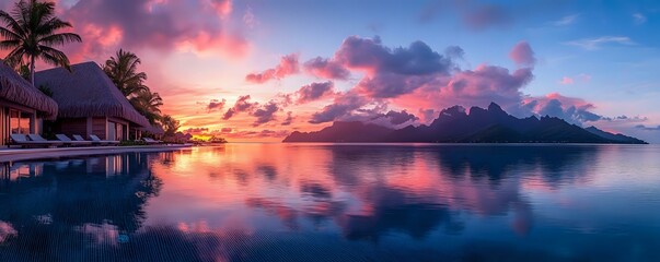 Fototapeta premium Panoramic view of overwater bungalows at sunset with dramatic pink clouds reflecting in calm lagoon waters, silhouetted palm trees and mountain peaks on horizon.