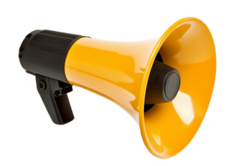 A vibrant yellow and black megaphone with sleek design, perfect for amplifying sound at events or gatherings. glossy finish adds modern touch to this essential communication tool