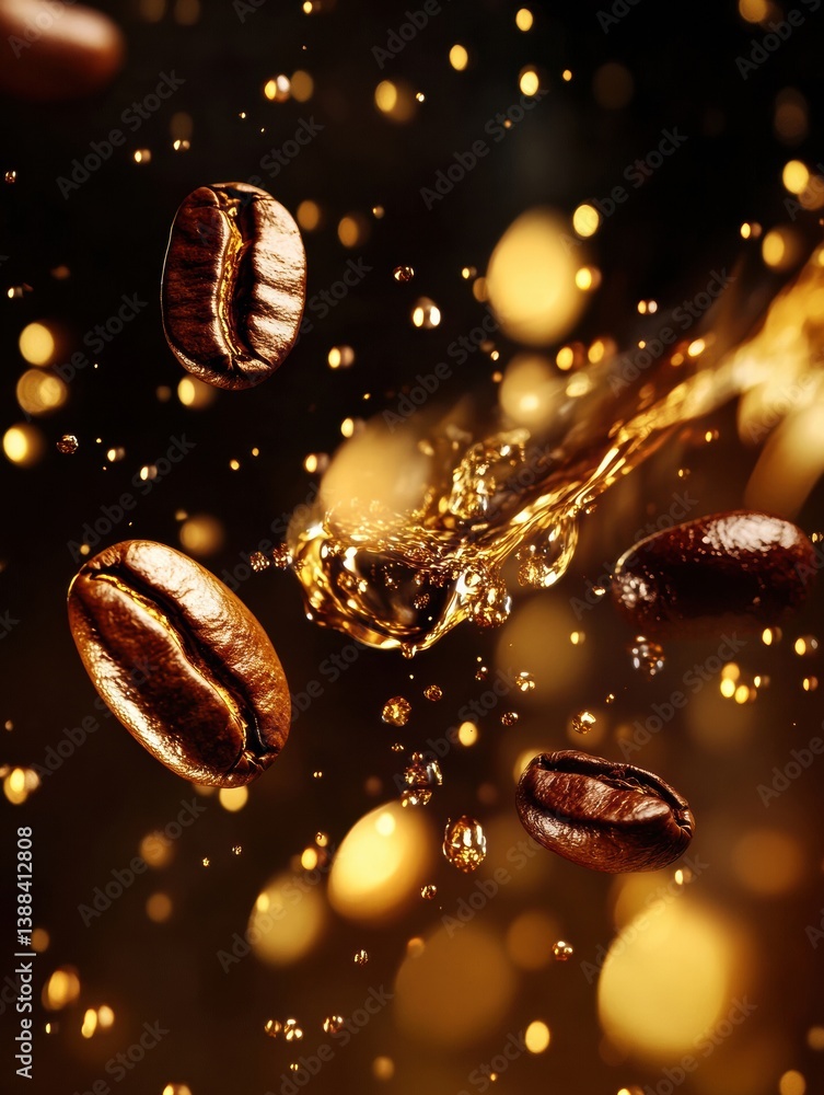 Poster Coffee beans transformed into golden liquid drops create a luxurious and abstract background with glowing light