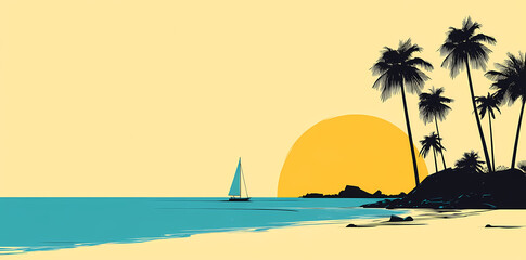 Obraz premium Seaside Silhouette: An eye-level depiction of a tranquil coastal scene, featuring a solitary sailboat gracefully navigating the calm sea, a radiant sun.