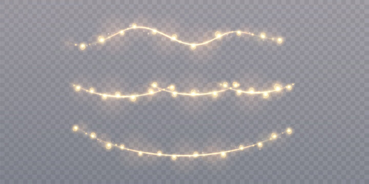 Realistic glowing string lights on transparent background. Perfect for holiday banners, wedding decorations, New Year design, invitations, or festive digital overlays.

