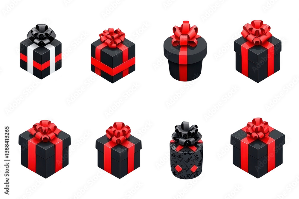 Poster a black and red gift boxes with various ribbon styles are arranged in row, showcasing elegant and fe