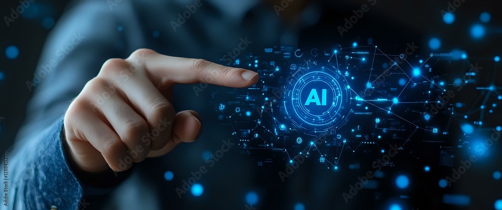 Poster businessman finger touching glowing ai symbol with network connections on dark background. digital t