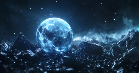 Naklejka premium Mystic Energy Sphere: Witness the ethereal beauty of a radiant blue energy sphere amidst a dramatic, celestial landscape.